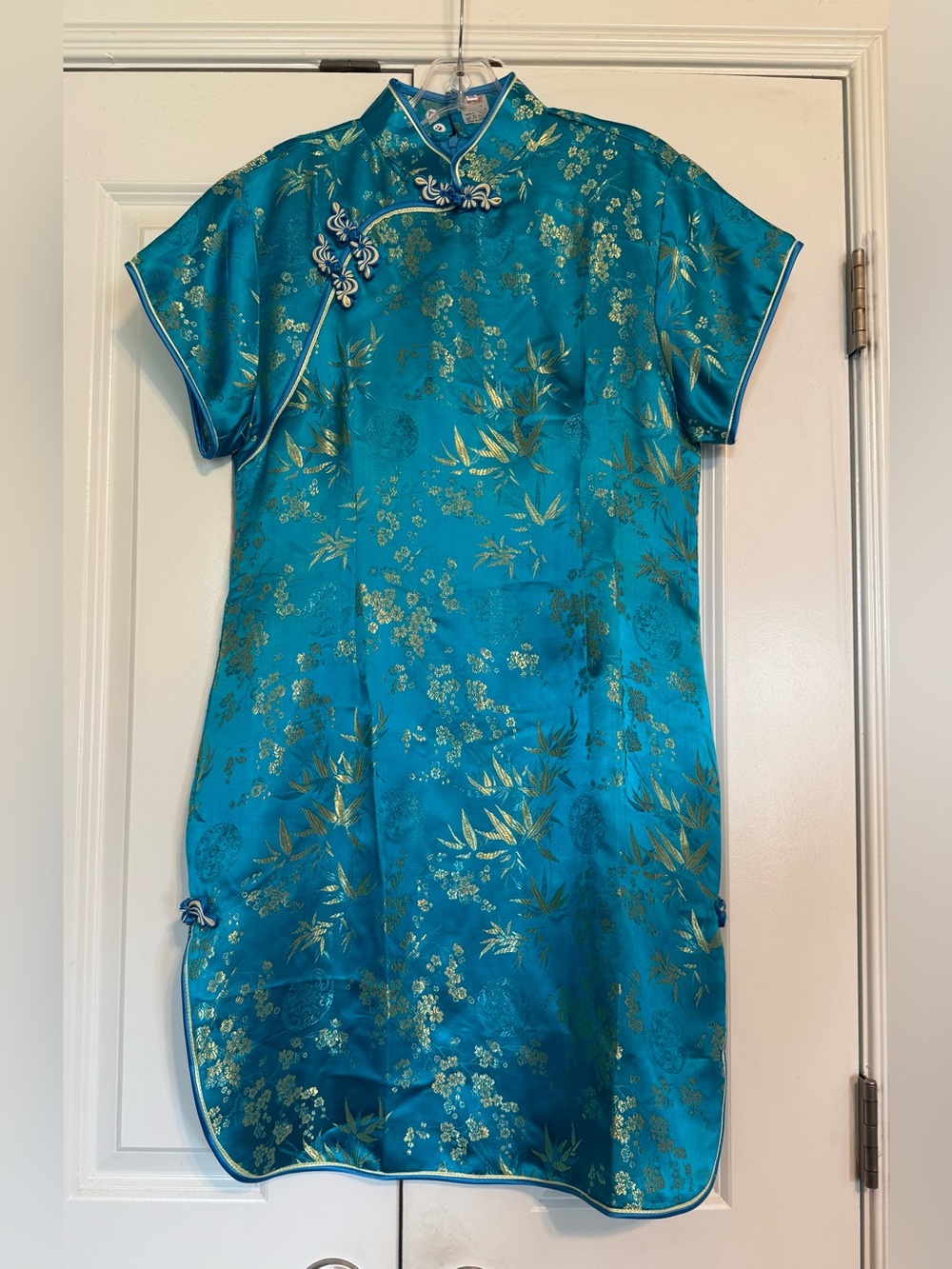 NWT M.M Teal & Gold SZ XXL Chinese Asian Satin Cheongsam Qipao Dress